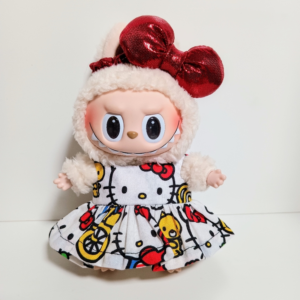 Custom Hello Kitty Dress and Metallic Bow Made to fit Labubu